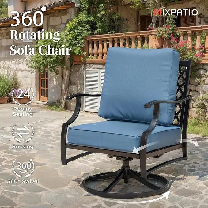 Patio Furniture Set with Fire Pit Table, 5 Pcs Metal Outdoor Conversation Set, 4 Swivel Chairs with 5.75" Extra Thick Cushion and 28" Fire Pit Table for Backyard Deck, Navy Blue by GreenHaven Gardens