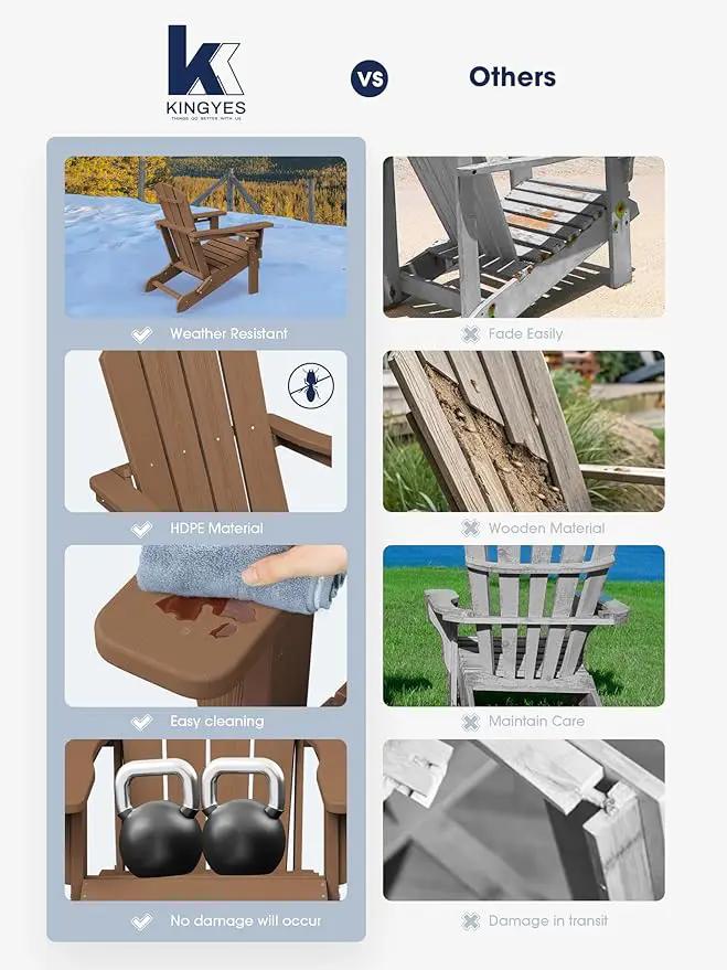 KINGYES Folding Adirondack Chair with Dual Cup Holders - HDPE All-Weather Outdoor Chairs, Brown
