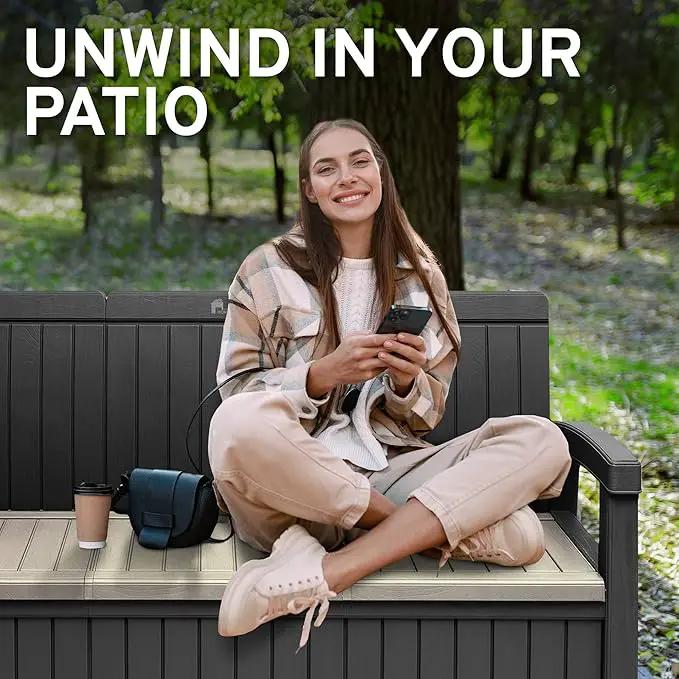 EconoHome 3 Seat Outdoor Storage Bench with Rain Cover - 90 Gallon Capacity - Weatherproof Resin Bench for Patio, Porch, Garden, Yard, Pool Area - Furniture for Pool Accessories, Gardening Tools by GreenHaven Gardens