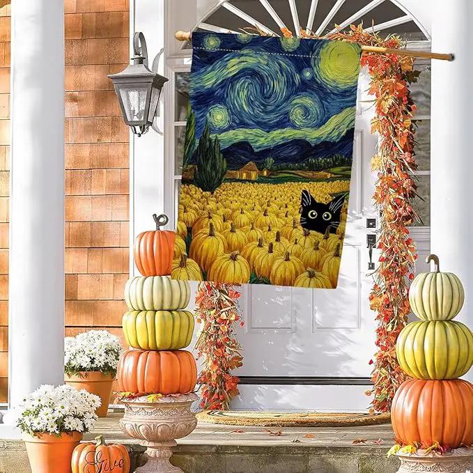BLKWHT Fall Pumpkin Cat House Flag 28x40 Vertical Double Sided Blue Sky Autumn Thanksgiving Holiday Outside Decorations Burlap Yard Flag BW825-40 by GreenHaven Gardens