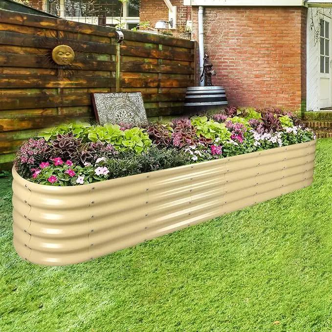 Land Guard 8×2×1.5ft Galvanized Raised Garden Bed Kit, Raised Garden Boxes Outdoor, Oval Metal Raised Garden Beds for Vegetables, Cream Yellow