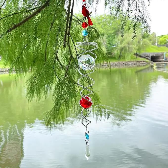 FONMY Cardinal Gazing Ball Spiral Tail Wind Spinner Sun Catcher Rainbow Maker Silver Spiral W/ K9 Crystal Ball Tree Hanging Ornament Indoor Outdoor Garden Decor. 19.5inch H by GreenHaven Gardens
