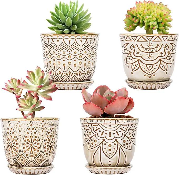 Gepege Succulent Pots, 4 Inch Small Indoor Ceramic Planter Pot with Drainage Holes and Saucers for Plants- Creamy White - Set of 4 by GreenHaven Gardens