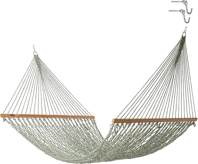 Hatteras Hammocks Deluxe Green Oatmeal Heirloom Tweed DuraCord Rope Hammock – 13 ft. x 60 in., 2-Person, 450 lb Capacity, Cumaru Spreader Bar, Zinc-Plated Hardware – Handcrafted in The USA by GreenHaven Gardens