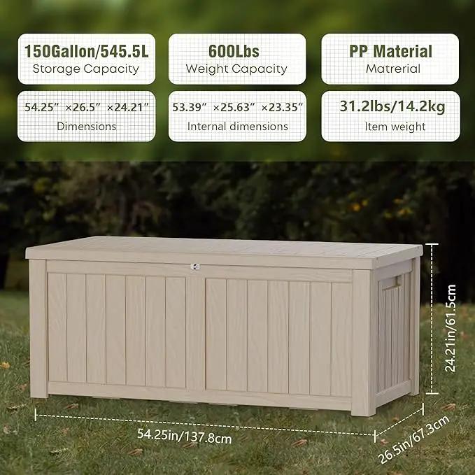 150 Gallon Lockable Resin Deck Box, Waterproof & UV-Resistant Outdoor Storage Box for Outdoor Cushion Storage, Garden Tools & Pool Accessories Storage, Gray by GreenHaven Gardens