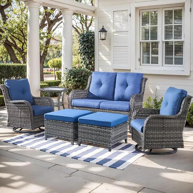 Outdoor Wicker Patio Furniture Set - 6 Piece Rattan Patio Conversation Set with 2 Rocking Swivel Chairs,2 Ottomans,1 Loveseat and 1 Side Table for Porch Deck Backyard Garden(Mixed Grey/Blue) by GreenHaven Gardens