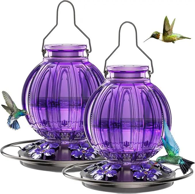2 Pack Glass Hummingbird Feeder for Outdoors Hanging, Bird Nectar Feeder with Perch & 5 Flower Feeding Ports, 26 Oz Leak Proof for Outside Garden Decor Backyard, Gifts for Women Mom, Purple by GreenHaven Gardens