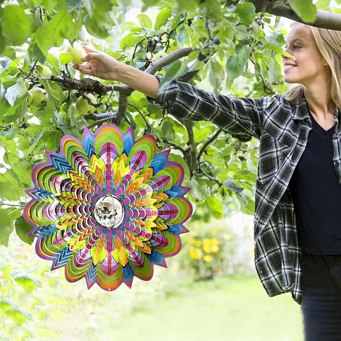 FONMY Mandala Wind Spinner w/Crystal Ball-Bloosom 3D Stainless Steel Suncatcher Hanging Spinners Worth Gift Christmas Decoration Indoor/Outdoor Garden Décor Kinetic Yard Art 12 Inches Wind Sculpture by GreenHaven Gardens