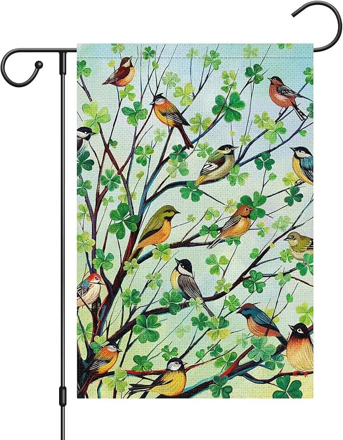 Louise Maelys St Patricks Day Garden Flag Shamrock Bird Tree Welcome Double Sided 12x18 Inch Small Burlap Spring Holiday Yard Outdoor Outside Home Decor by GreenHaven Gardens