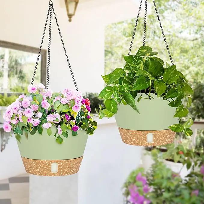 QCQHDU 2 Pack 10 inch Hanging Planters for Indoor Plants, Outdoor Hanging Baskets, Self Watering Pots with Drainage Holes & Removable Tray (Green, 10 inch) by GreenHaven Gardens