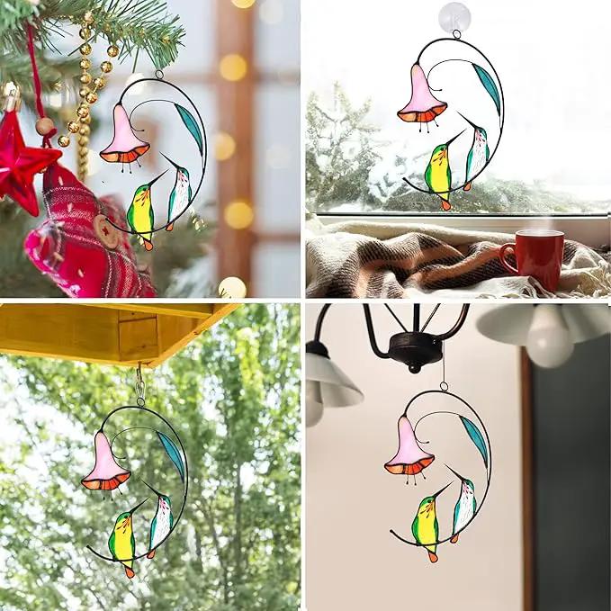 Lolitarcrafts Hummingbird with Flower Stained Glass Suncatcher Bird Stained Glass Window Hangings Hummingbird Gift for Home Decor (Green 1 Pair) by GreenHaven Gardens