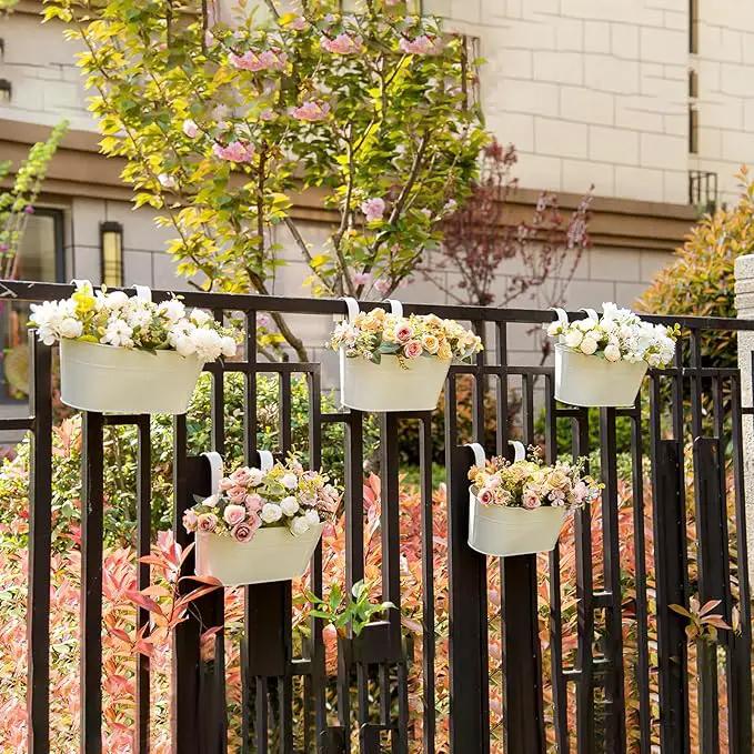 5 Pack Metal Hanging Flower Pots for Railing Fence，Outdoor Balcony Rail Planter with Garden Tools Detachable Hooks Drainage Holes for Deck Garden Home Decor White by GreenHaven Gardens
