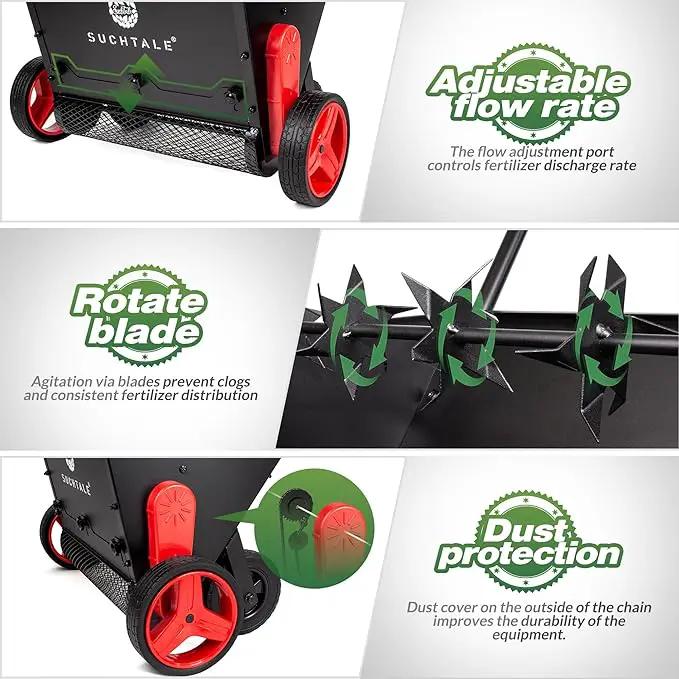 Suchtale Upgrade Push Lawn Spreader for Compost & Peat Moss, Organic Fertilizer Applicator with Rotating Blades, Adjustable Rate Metal Mesh Basket Topdresser by GreenHaven Gardens