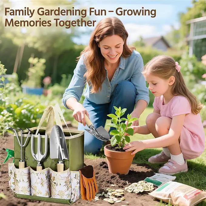 LASZOLA 9 Pcs Garden Tools Set with Tote Bag and Hand Trowel Rake Shovel, Heavy Duty Stainless Steel Gardening Kit for Outdoor Plant, Standable Portable Handbag Organizer, Ideal for Women Mom, Green by GreenHaven Gardens