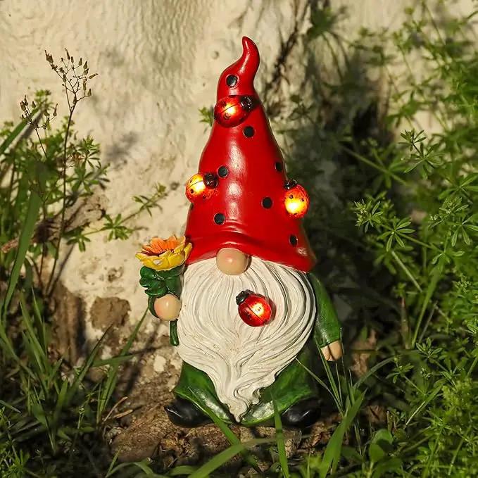 Garden Gnome Statue, Resin Sunflower Ladybug Gnome Figurine with Solar Lights for Porch Patio Yard Outdoor Decor by GreenHaven Gardens
