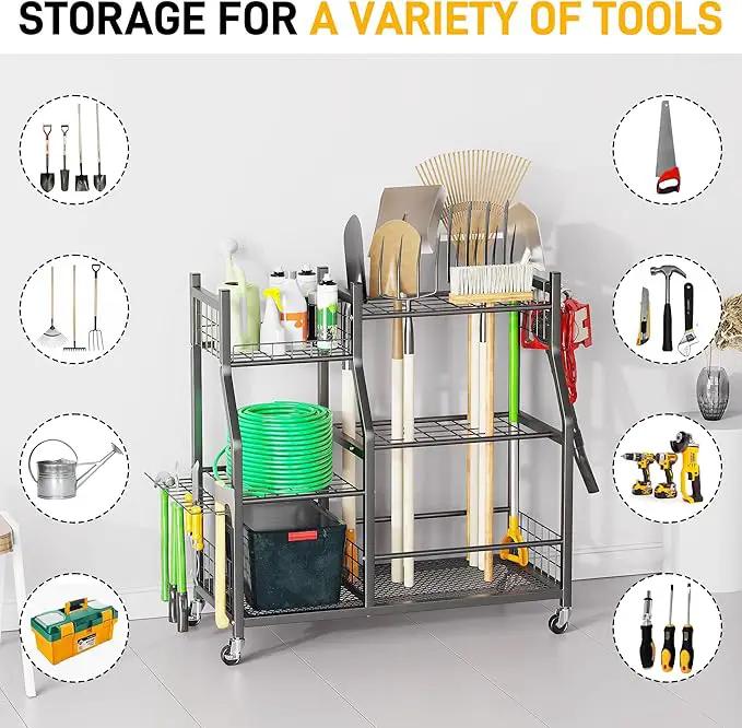 Ultrawall Garden Tool Organizer, Yard Tool Storage Rack for Garage Organization with Lockable Wheels, Garden Tool Stand for Rake, Brooms, Indoor & Outdoor Use by GreenHaven Gardens