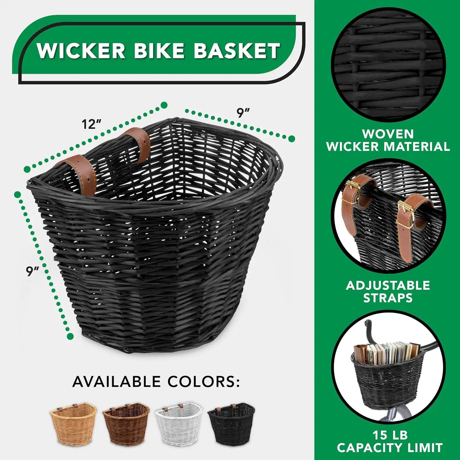 ProSource Wicker Bike Basket Front Cargo for Women and Men, Fits Most Bikes, Beach Cruiser, Stationary Bike, Ebike, Road Bike, Black by GreenHaven Gardens