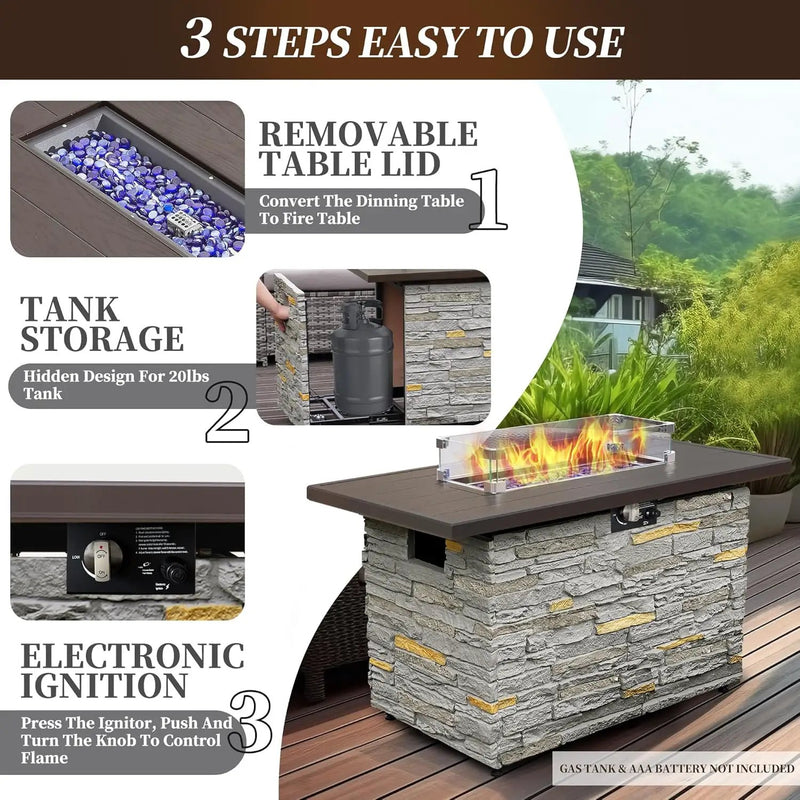 43¡± Propane Fire Pit Table Outdoor Rectangular Stone Firepit Table 50,000 Btu Propane Fire Tables for Outside Patio with Glass Wind Guard, Lid, Fire Glass Beads,Brown Rock Look by GreenHaven Gardens