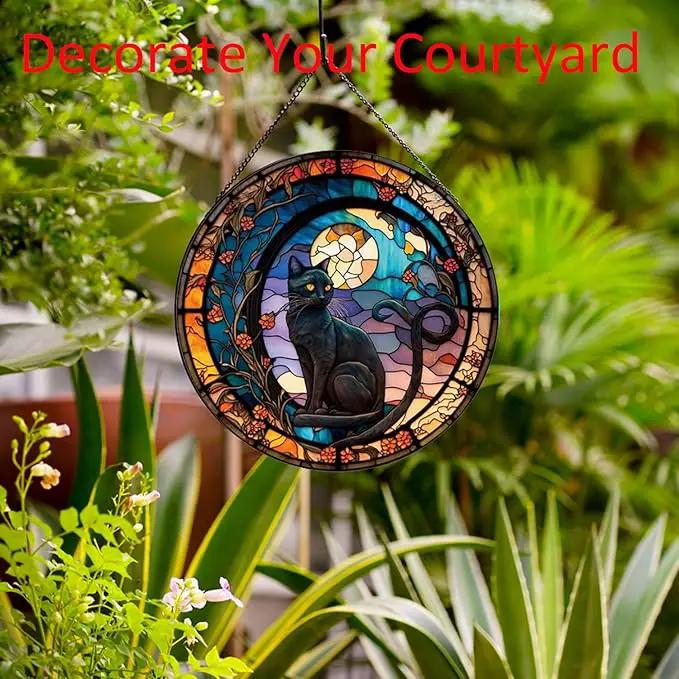 Black Cat Stained Glass Window Hangings,Suncatcher Stained Glass for Windows for Cat Lovers,20cm/7.87inch Hand-Painted Sun Catcher Garden Hangings Halloween Fall Christmas Decor for Home by GreenHaven Gardens