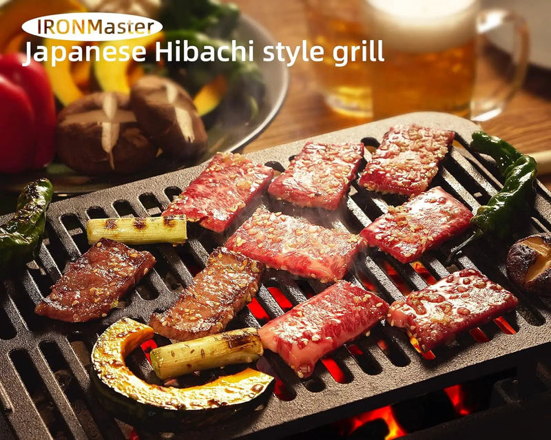 IronMaster Hibachi Grill Outdoor, Small Portable Charcoal Grill, Pre-Seasoned Cast Iron, Japanese Yakitori Camping Grill - 2 Heights, Air Control, Coal Door by GreenHaven Gardens