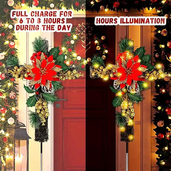 Ganeen 2 Pcs Solar Stake Christmas Outdoor Decorations Christmas Yard Stake Decor LED Lights Cemetery Grave Cross Poinsettia Decor for Holiday Garden Pathway Lights (Poinsettia) by GreenHaven Gardens