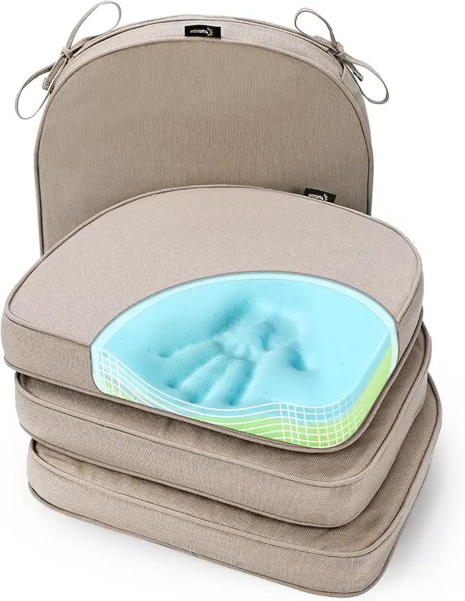 SUNROX Gel Memory Foam Chair Cushions, FadeShield Water-, Stain-Resistant Durable Reversible Seat Cushion Pads with Ties for Indoor/Outdoor Kitchen Dining Office 17"x16" Set of 4, Husk Birch by GreenHaven Gardens