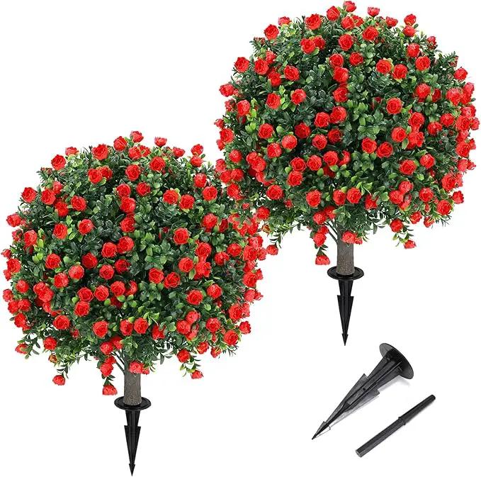 Artificial Red Rose Topiary Ball Tree 25" with Ground Spike, Set of 2 Artificial Boxwood Bushes for Faux Shrubs, Fake Evergreen Faux Plant for Indoor Outdoor Porch Garden -UV Resistant–Fade-Proof by GreenHaven Gardens