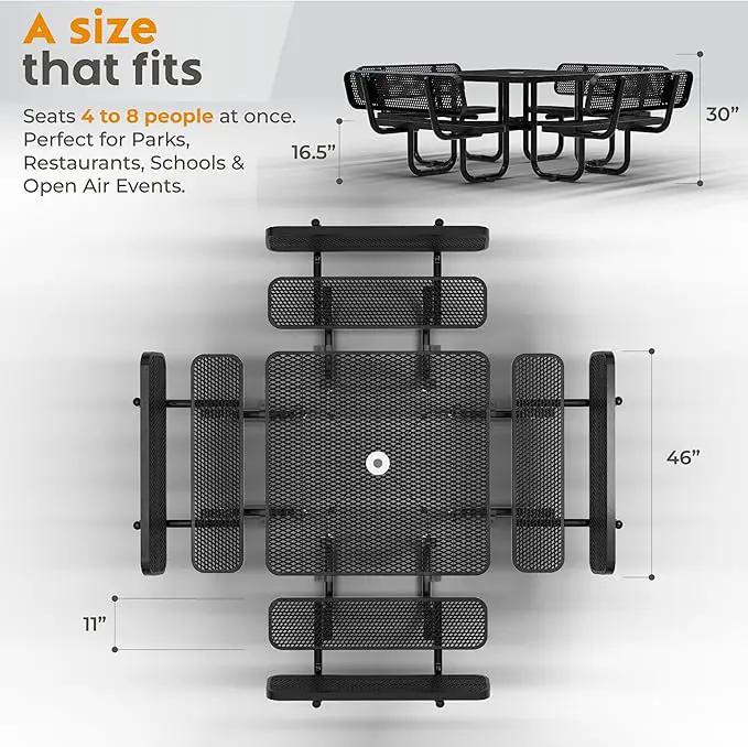 Metal Picnic Tables for Outdoors with Umbrella Hole - Coated Steel Heavy Duty Commercial Grade Table with Adjustable Seats (Black, 46 in, Square with Back, Expanded Steel) by GreenHaven Gardens