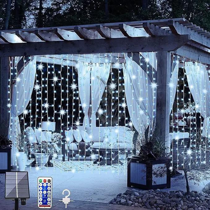 Upgraded Solar Curtain Lights Remote Control, Outdoor Garden Lights 300 LED 8 Modes Remote Control Waterproof Solar Waterfall Fairy String Lights Decoration for Patio Garden Party Wedding (Cool White) by GreenHaven Gardens