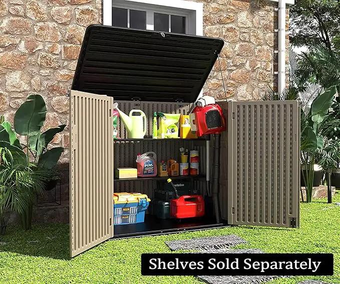 HOMSPARK Storage Shed Weather Resistance, Multi-Purpose Outdoor Storage Cabinet for Backyards and Patios, Horizontal Storage Shed for Lawnmower, Patio Accessories (Coffee, X Large - 48 cu.ft) by GreenHaven Gardens