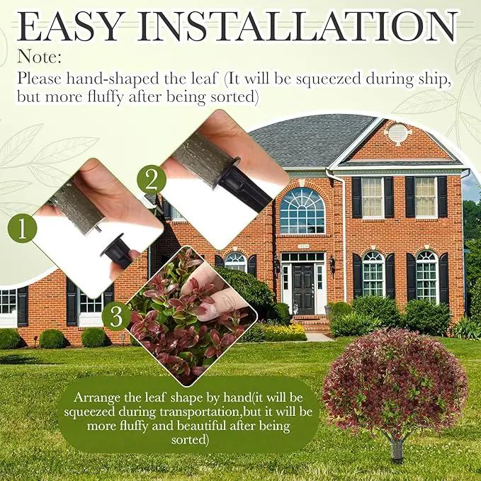 Yunlly 4 Pack 18" Artificial Boxwood Ball Bush Topiary Trees Fake Outdoor Plants, Realistic UV Resistance Faux Shrubs with Spike Greenery Topiary for Front Porch Garden Yard Patio Indoor (Dark Red) by GreenHaven Gardens