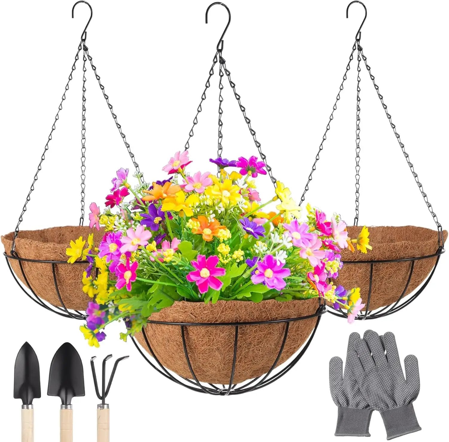 LemonRoad 3 Pack 12 Inch Hanging Baskets for Plants Outdoor Indoor, Metal Hanging Planters with Coconut Fiber Liner Chains and Ceiling Hooks Garden Tools Set for Garden House Patio Decor by GreenHaven Gardens