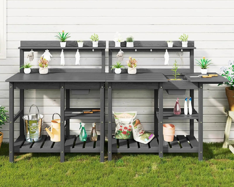 SERWALL Potting Bench Set of 2 Outdoor Potting Table with Sink, HDPE Potting Benches for Outside Gardening Table All Weather Use- Gray by GreenHaven Gardens