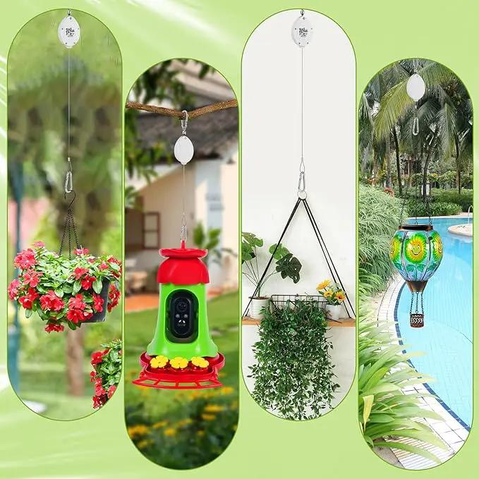 Plant Pulleys for Hanging Plants, Heavy Duty Retractable Hangers, 304 Stainless Steel Rope, Auto Plant Holder, Adjustable Climbing Hook for Garden Baskets Watering, or Bird Feeders 2PC (White) by GreenHaven Gardens