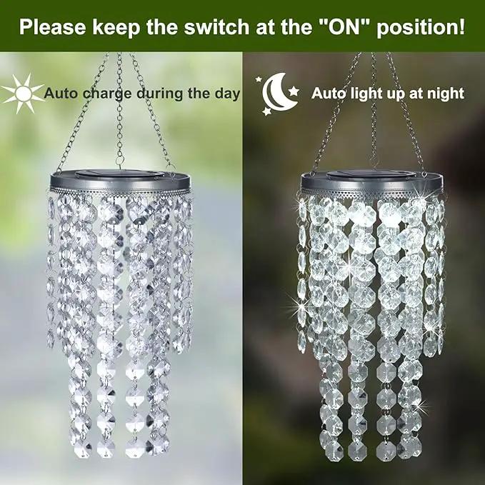 Hanging Solar Crystal Chandelier Outdoor, 21” Modern Solar Transparent Acrylic Beaded Lantern with Cool White LED S Hooks for Garden Yard Patio Gazebo Outside Decor by GreenHaven Gardens