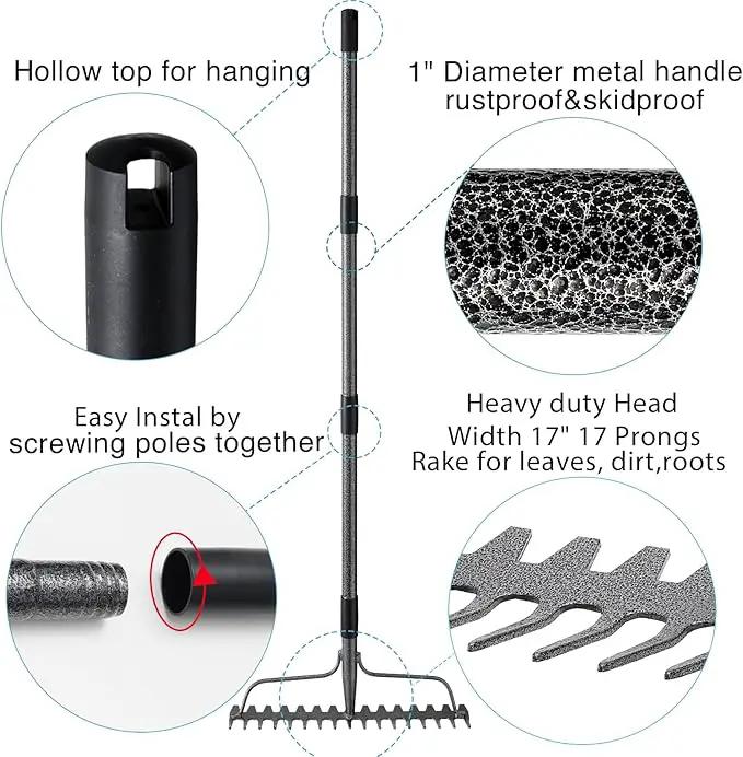 Bow Rakes for Lawns, 17 Prongs 17" Wide Heavy Duty Metal Garden Rake Long Handle 50", Adjustable Rock Yard Thatch Rake for Leaves Gardening Loosening Soil Mulch Gathering Leaf by GreenHaven Gardens