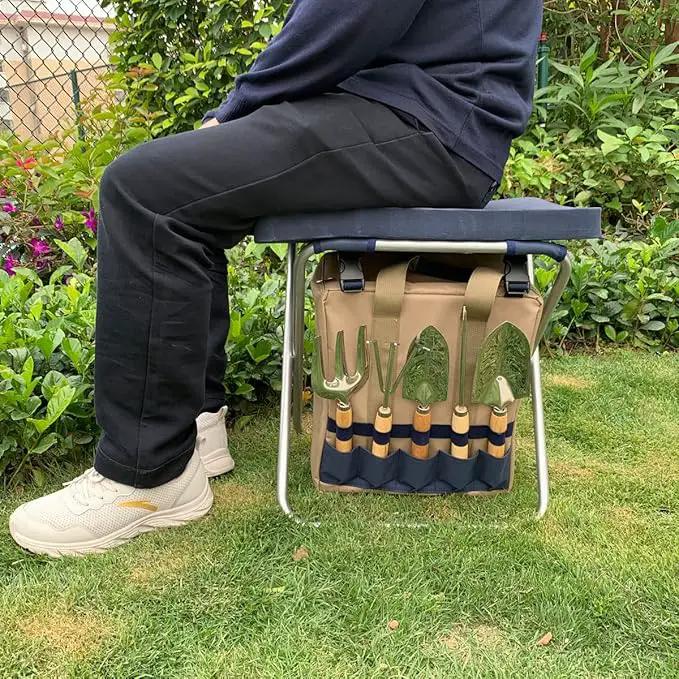 Garden Folding Gardener Stool with Gardening Tools Insulation Garden Bags Plus 5 Garden Tools and Gardening Kneeler Ideal Gift for Mother's Day/Father's Day (Navy Blue) by GreenHaven Gardens