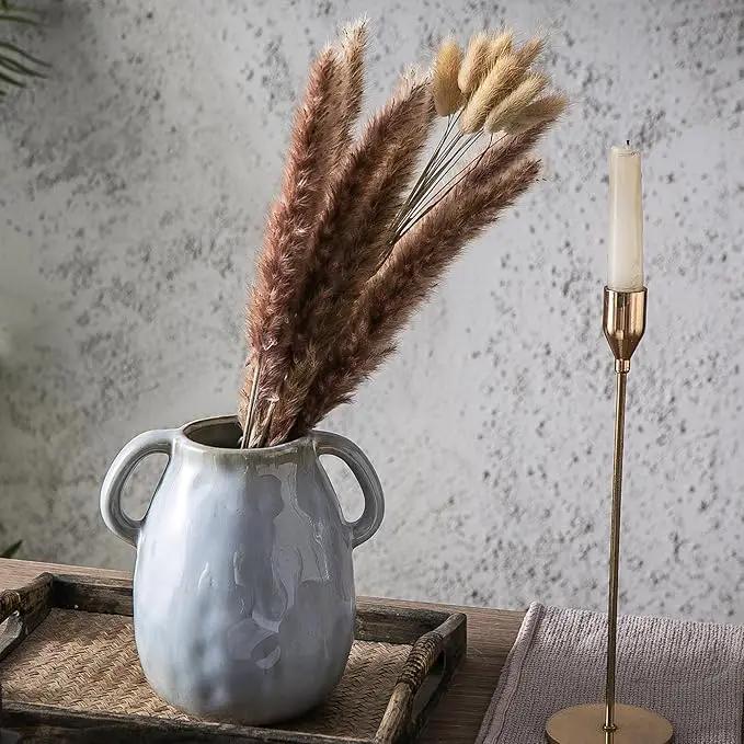 Kimdio Ceramic Vase with 2 Handles, Modern Farmhouse Grey Vase for Home Decor, Rustic Pottery Vase, Boho Decorative Terracotta for Flowers, Clay Pampas Grass Vases for Living Room Dining Table Shelves by GreenHaven Gardens