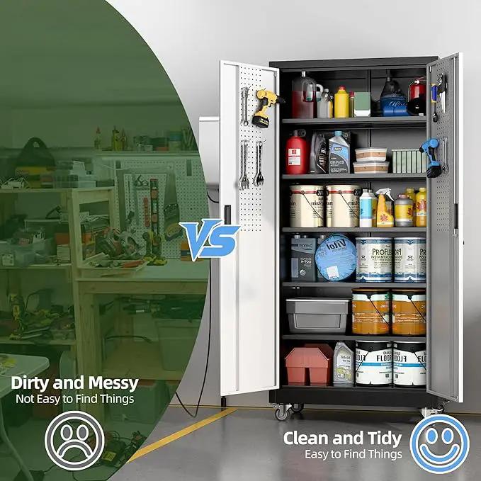 Metal Garage Storage Cabinet with Wheels & Pegboard, Lockable Metal Storage Cabinets with 2 Doors&5 Adjustable Shelves for Garage&Home,Assembly Required,Black Gray 71''H x32''W x16''D by GreenHaven Gardens