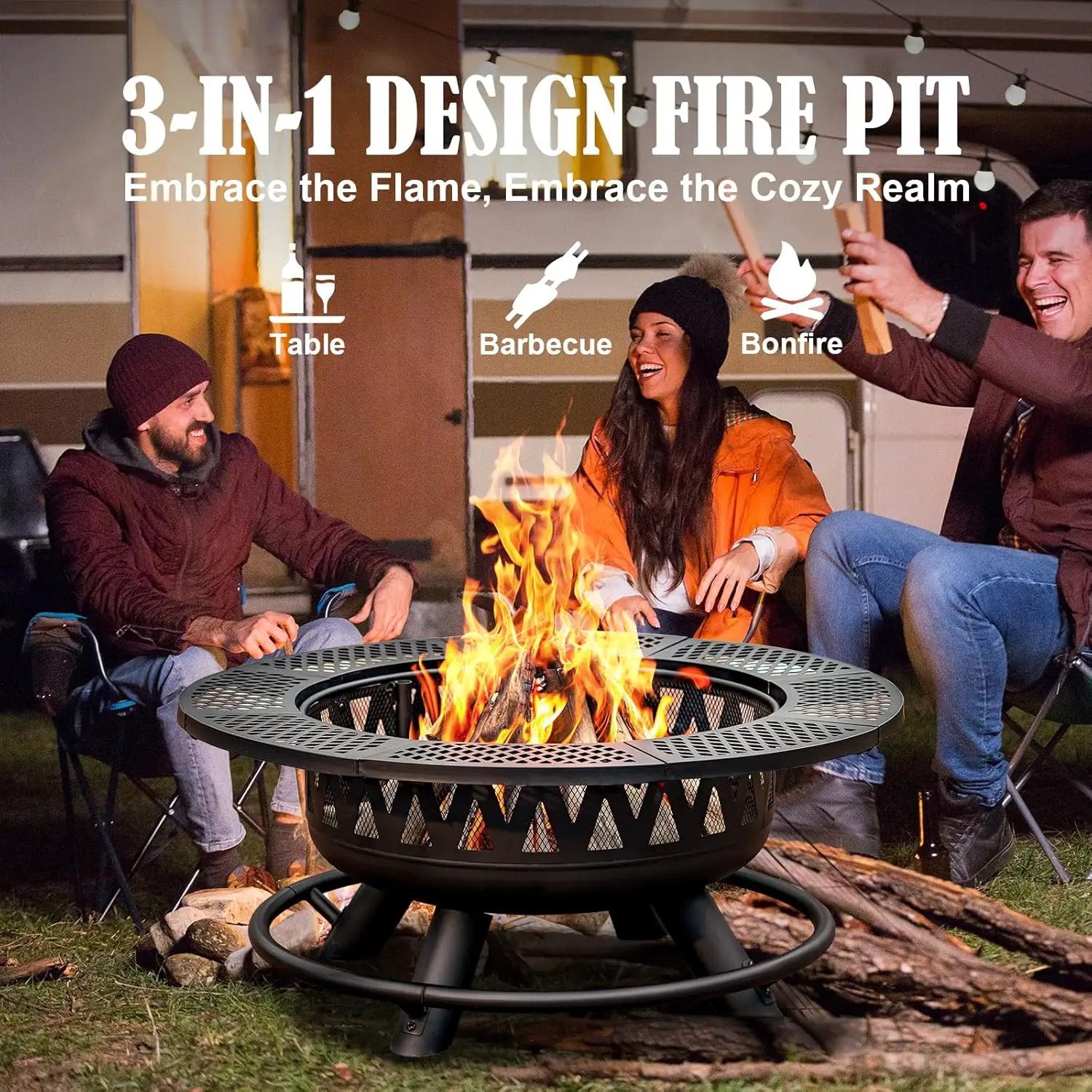 36 Inch Fire Pit with 2 Grills, Large Outdoor Firepits for Outside, Wood Burning Fireplace for Camping,Picnic,Bonfire, 3-in-1 Round Metal Table with Lid for Backyard,Patio,Party by GreenHaven Gardens