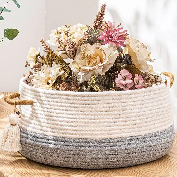 KAKAMAY Woven Baskets for Storage(16"x8"),Blanket Basket for Organizing Living Room,Cotton Rope Basket Woven Baby Laundry Hamper,Collapsible Laundry Room Organization,Clothes,Toy Chest(Grey) by GreenHaven Gardens