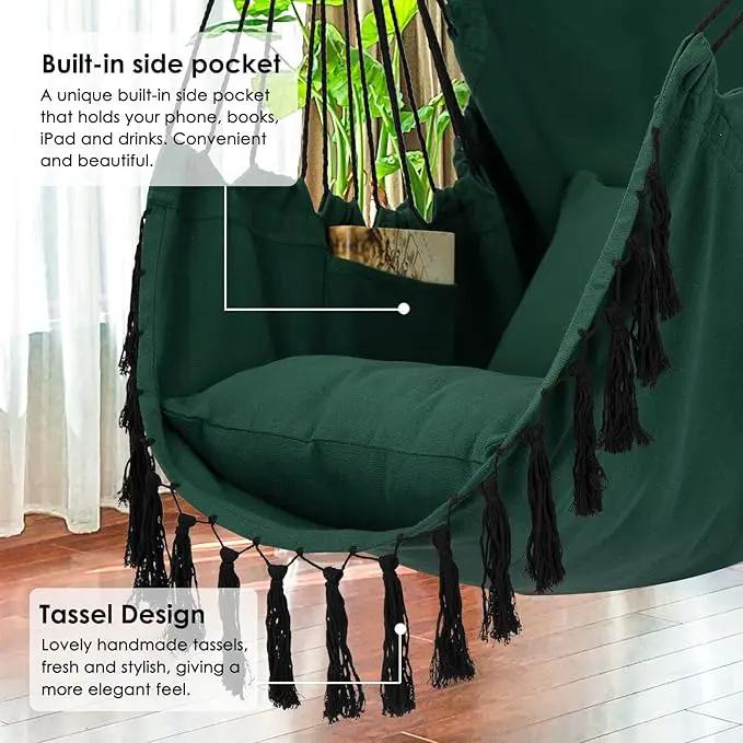 Y- STOP Hammock Chair Hanging Rope Swing, Max 500 Lbs, 2 Cushions Included, Large Macrame Hanging Chair with Pocket for Superior Comfort, with Hardware Kit, Green by GreenHaven Gardens