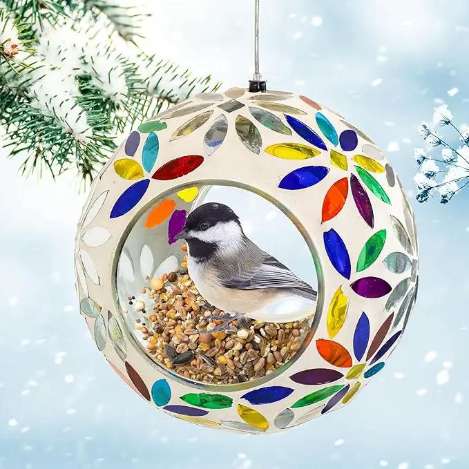 Sunnydaze 6-Inch Glass Mosaic Hanging Bird Feeder for Outdoors - Fly-Through Wild Bird Feeder - Rainbow Daisies by GreenHaven Gardens