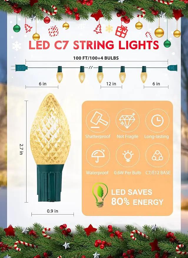 C7 LED Lights Warm White Christmas Lights Outdoor, 100FT C7 Christmas String Lights with 100 Plastic Bulbs, Traditional Hanging Holiday Lights for Christmas Tree Patio Fence Roofline Xmas Decorations by GreenHaven Gardens