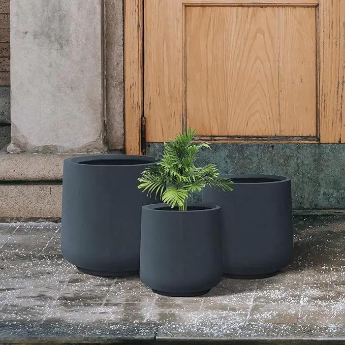 Kante 15.3"+11.6"+8.2" Dia Round Concrete Planter, Large Outdoor Indoor Planter Pots Containers with Drainage Holes and Rubber Plug for Home Garden Patio, Charcoal by GreenHaven Gardens
