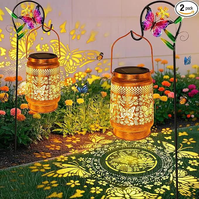 2 Pack Solar Lanterns Outdoor Garden Decor with Shepherd Hook, Gardening Gifts for Mom Grandma Women Butterfly Metal Decor Lantern Waterproof Solar Lights LED Decorative for Garden Yard Patio by GreenHaven Gardens