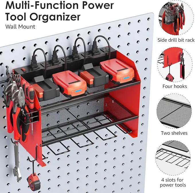 CCCEI Modular Power Tool Organizer Wall Mount with Charging Station. Garage 4 Drill Storage Shelf with Hooks, Screwdriver, Drill Bit Heavy Duty Rack, Tool Battery Holder Built in 8 Outlet Power Strip. by GreenHaven Gardens