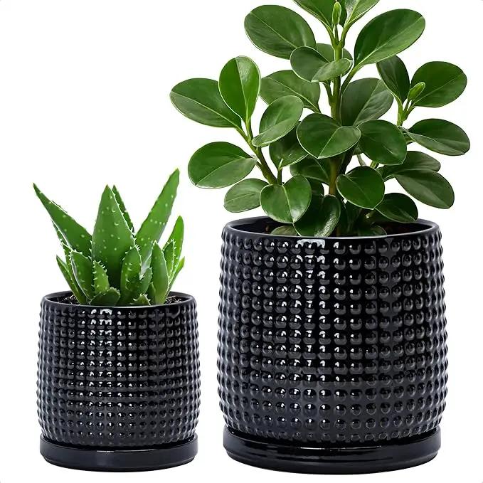 D'vine Dev 6 Inch 4 Inch Ceramic Indoor Planter Pots with Drainage Hole and Saucer, Beaded Design Flower Pots, Set of 2, Gloss Black, 27-D-U-2 by GreenHaven Gardens
