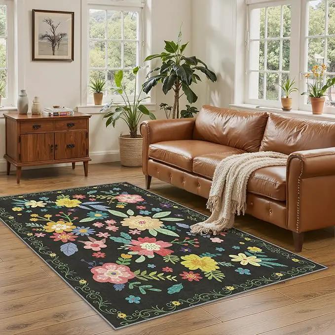 GENIMO Indoor Outdoor Area Rug 4' X 6' Waterproof, Washable Patio Rug Non Shedding, Easy Cleaning Floral Outdoor Carpet for Living Room, Bedroom, Dining Room, Balcony, Backyard, Deck, RV, Black by GreenHaven Gardens