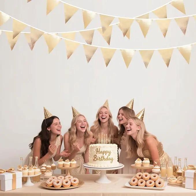Champagne Gold Party Decoration Metallic Fabric Triangle Pennant Banner Flag Bunting Garland for Birthday Engagement Bridal Shower Wedding Anniversary Graduation Bachelorette Party Decoration Supplies by GreenHaven Gardens